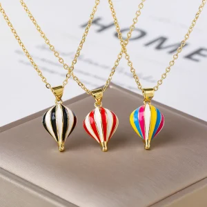 High-Quality Gold Plated 3D Striped Enamel Hot Air Balloon Pendant Necklace Cute For Women Girls Birthday Jewelry Travel Gift