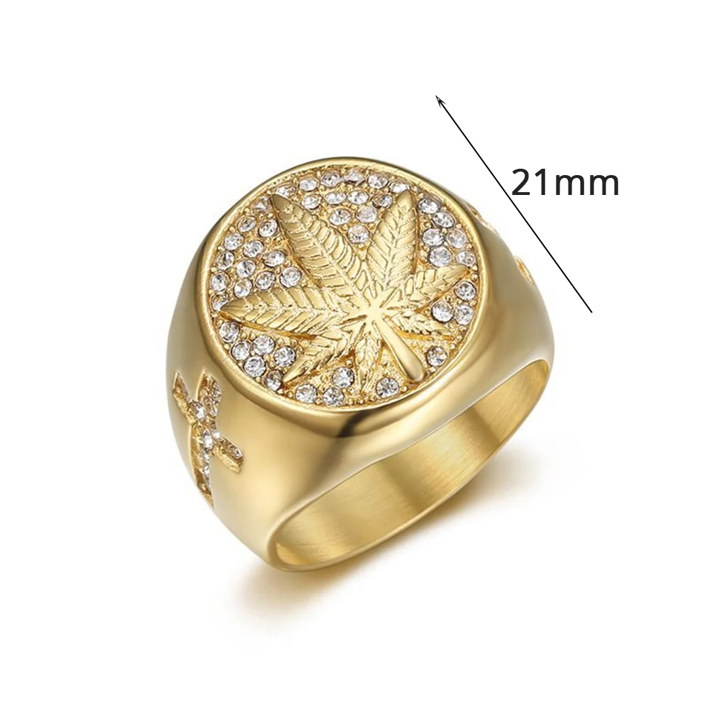 Hip Hop Iced Out Bling Hemp Leaf Ring Male Gold Color Stinless Steel Cubic Zirconia Rings For Men Fashion Party Jewelry Gift - Image 3