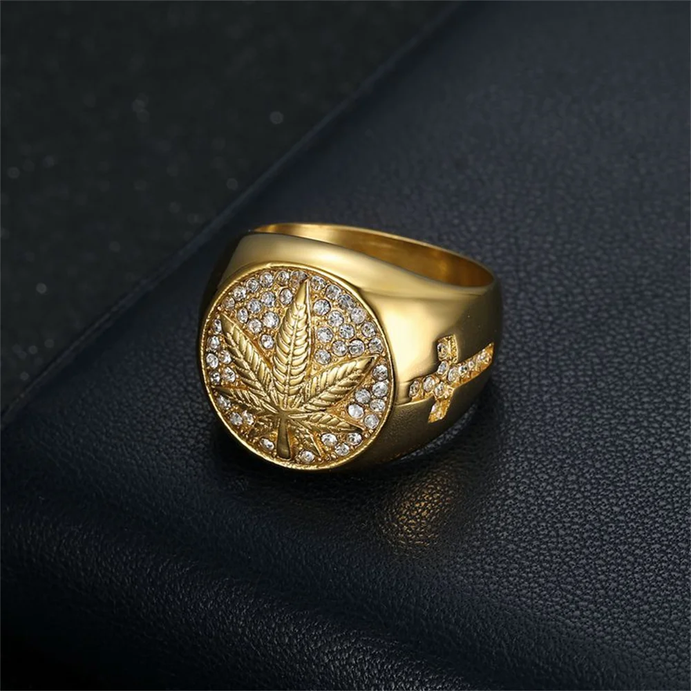Hip Hop Iced Out Bling Hemp Leaf Ring Male Gold Color Stinless Steel Cubic Zirconia Rings For Men Fashion Party Jewelry Gift - Image 4