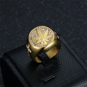 Hip Hop Iced Out Bling Hemp Leaf Ring Male Gold Color Stinless Steel Cubic Zirconia Rings For Men Fashion Party Jewelry Gift