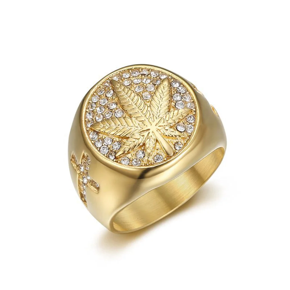 Hip Hop Iced Out Bling Hemp Leaf Ring Male Gold Color Stinless Steel Cubic Zirconia Rings For Men Fashion Party Jewelry Gift - Image 6