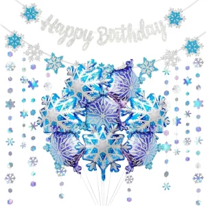 Holo Iridescent Snowflake Decor Garland Snowflake Foil Number Balloon Set Ice Snow Party Supplies Wonderland Birthday Banner Dec