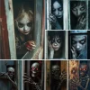 Horror Photo Backdrop Skeleton Ghost Doll Vinyl Polyester Window Door Family Halloween Decoration Dark Photography Background