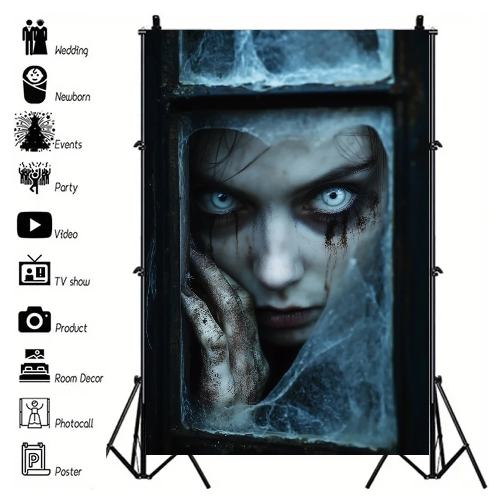 Horror Photo Backdrop Skeleton Ghost Doll Vinyl Polyester Window Door Family Halloween Decoration Dark Photography Background - Image 3