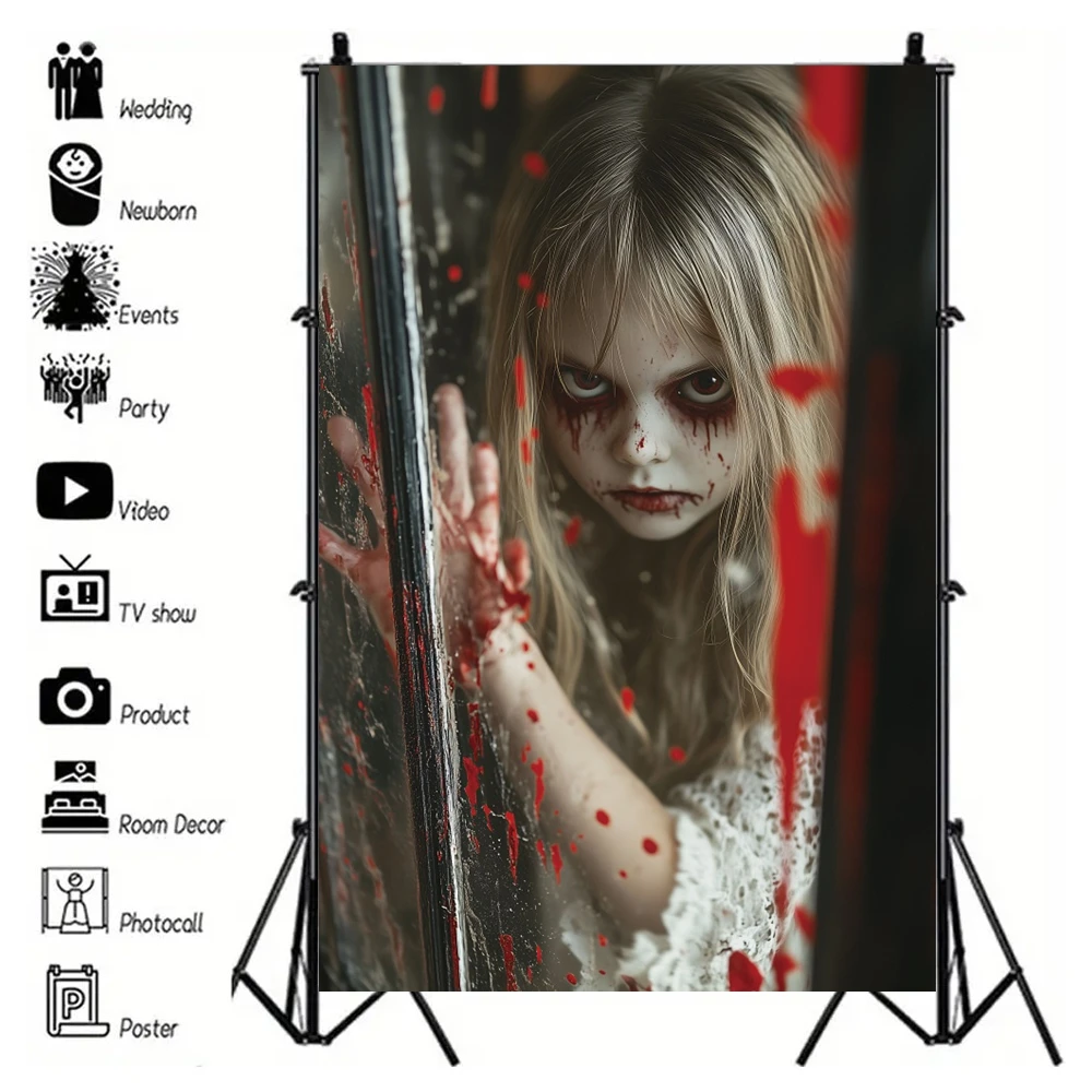 Horror Photo Backdrop Skeleton Ghost Doll Vinyl Polyester Window Door Family Halloween Decoration Dark Photography Background - Image 2