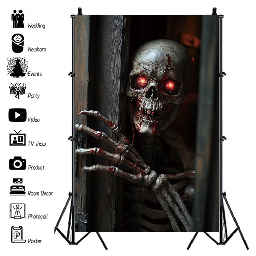 Horror Photo Backdrop Skeleton Ghost Doll Vinyl Polyester Window Door Family Halloween Decoration Dark Photography Background - Image 4