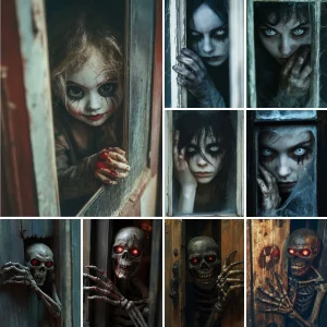 Horror Photo Backdrop Skeleton Ghost Doll Vinyl Polyester Window Door Family Halloween Decoration Dark Photography Background
