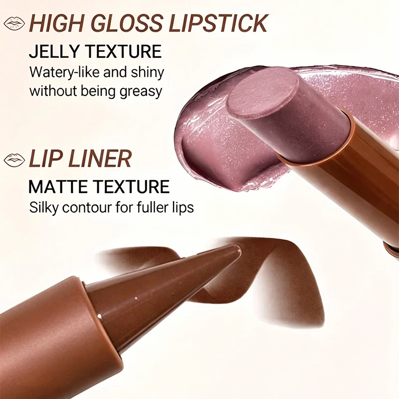 Hot Lip Liner Lipstick Kit Combo Set Brown Shimmer Flashy Glitter Pearlescent Hydrating Moisturizing Solid Lip Gloss - Image 5