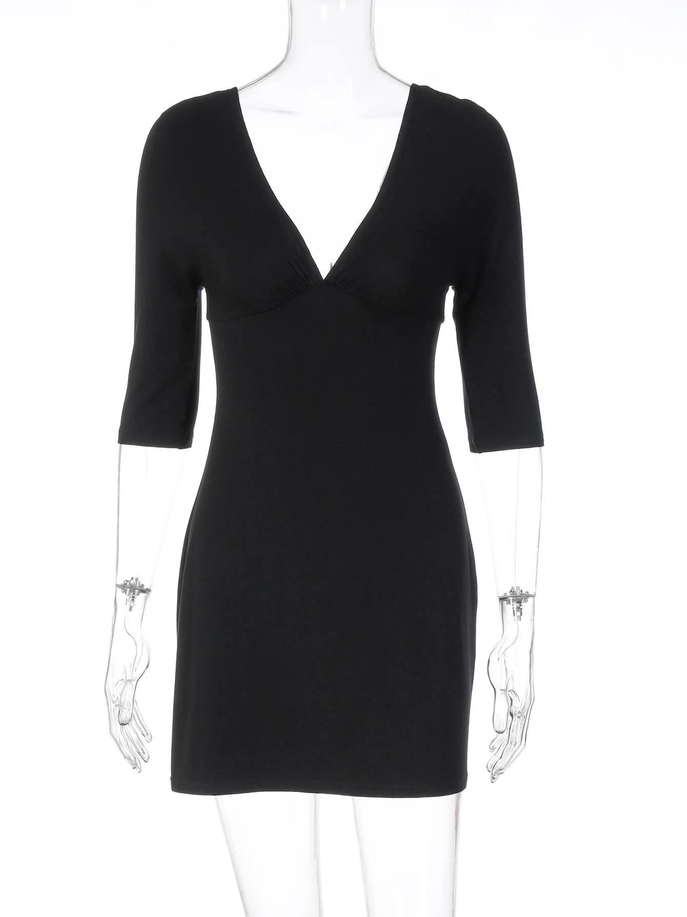 Hugcitar Elegant V Neck Solid Short Sleeve Backless Sexy Bodycon Mini Dress Autumn Spring Women Clothes Birthday Party Holiday - Image 6