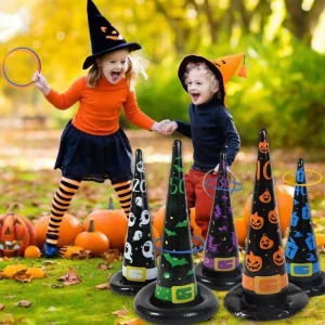 Inflatable Witch Hat Ring Toss Game Halloween PVC Cone Toy Set Fun Indoor Outdoor Interactive Party Gift for Kids and Family