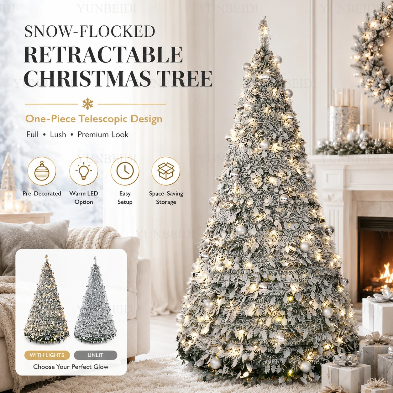 Integrated Foldable Christmas Tree with Ornaments LED Lights High-end Christmas Tree 1.5M/1.8M Family Christmas Party Decoration