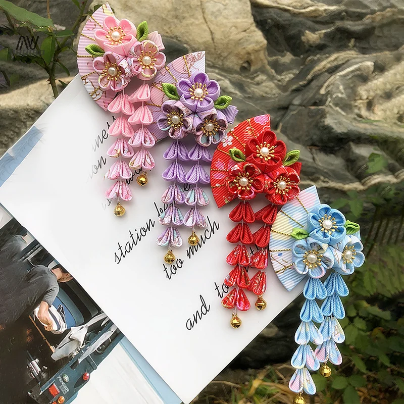 Japanese Kimono Fabric Flower Folding Fan Children Hair Accessories Clip Tassel Headwear Headdress Barrette - Image 2
