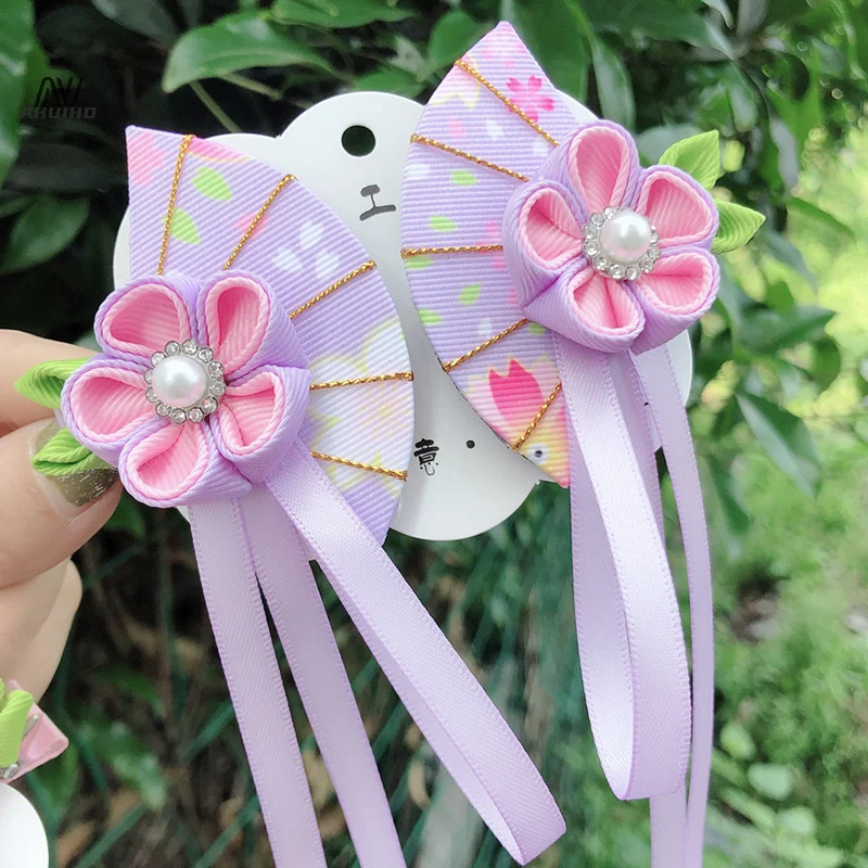 Japanese Kimono Fabric Flower Folding Fan Children Hair Accessories Clip Tassel Headwear Headdress Barrette - Image 6