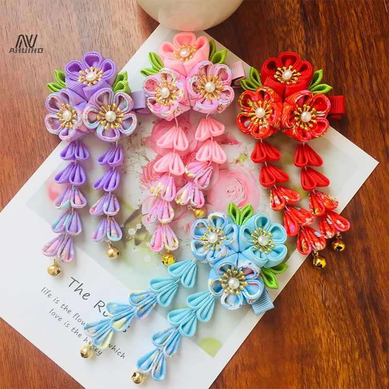 Japanese Kimono Fabric Flower Folding Fan Children Hair Accessories Clip Tassel Headwear Headdress Barrette - Image 3