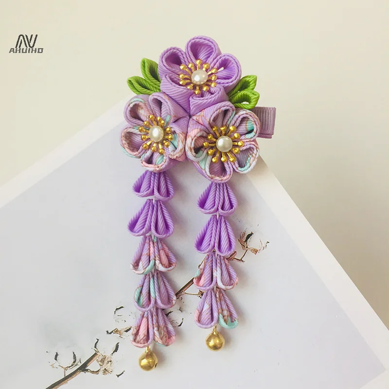 Japanese Kimono Fabric Flower Folding Fan Children Hair Accessories Clip Tassel Headwear Headdress Barrette - Image 4