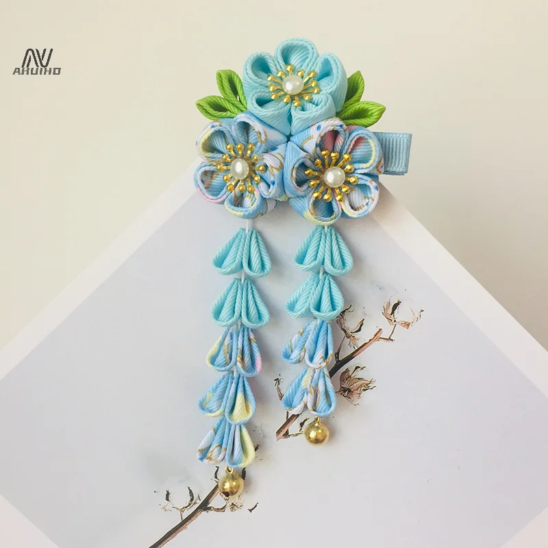 Japanese Kimono Fabric Flower Folding Fan Children Hair Accessories Clip Tassel Headwear Headdress Barrette - Image 5