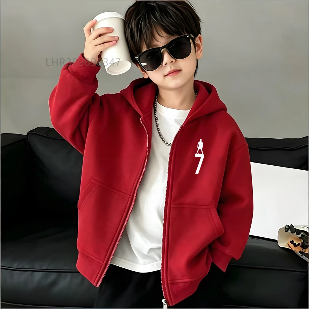 Kids Black Zipper Fashion Hoodie Boys Girls Red Toddler Coat Age 3-12 Top Casual Autumn Football Star Print Clothing - Image 2