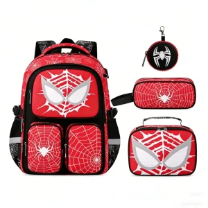 Kids School Backpack with Lunch Box Pencil Case for Boys, Spider Elementary Middle School Book Bags for Teen Boy Children