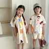 Kids Set Brother And Sister Clothes 2025 Summer New Boy's Two Piece Suit Or Short Sleeve Girl's Graffiti Dress Cartoon Clothes