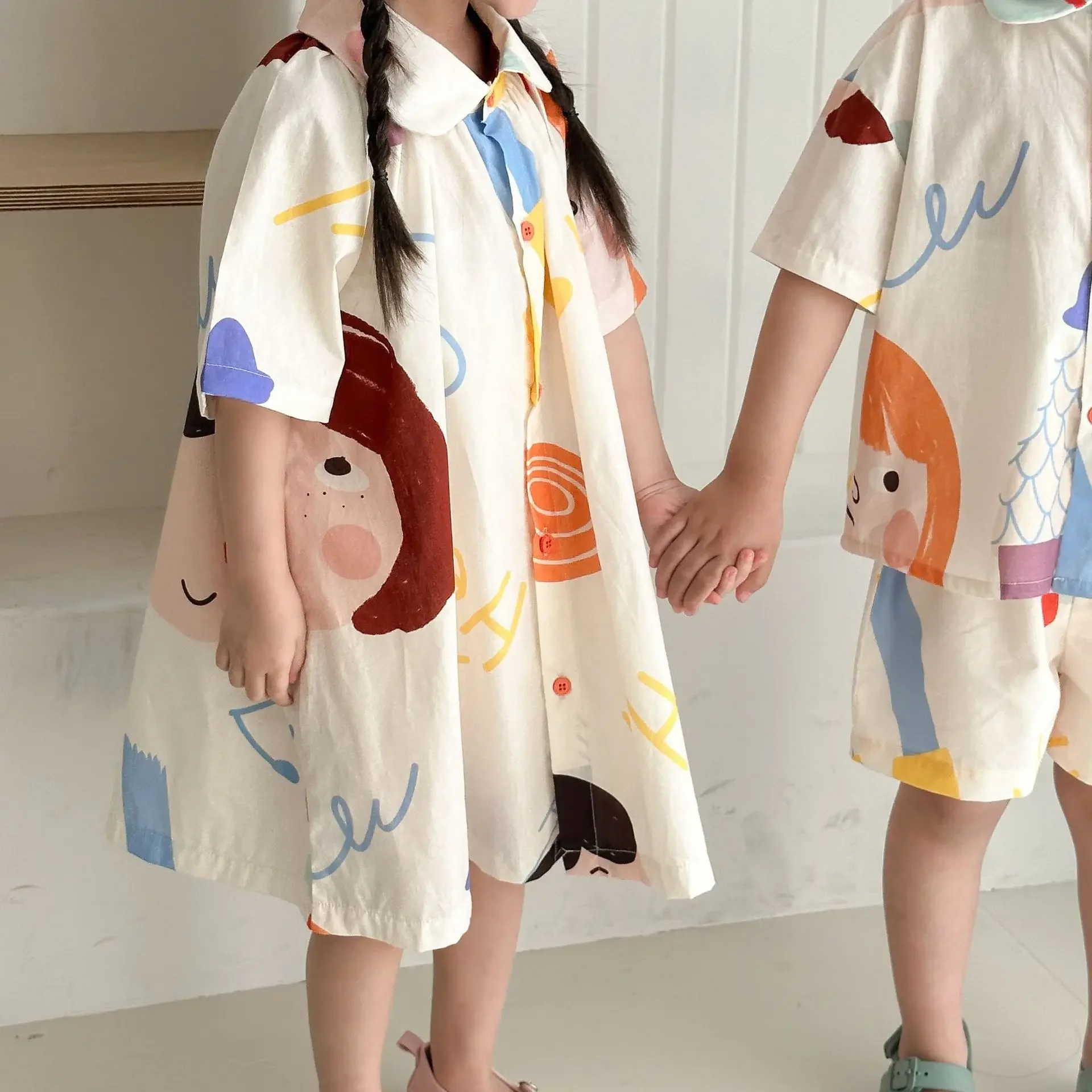 Kids Set Brother And Sister Clothes 2025 Summer New Boy's Two Piece Suit Or Short Sleeve Girl's Graffiti Dress Cartoon Clothes - Image 3