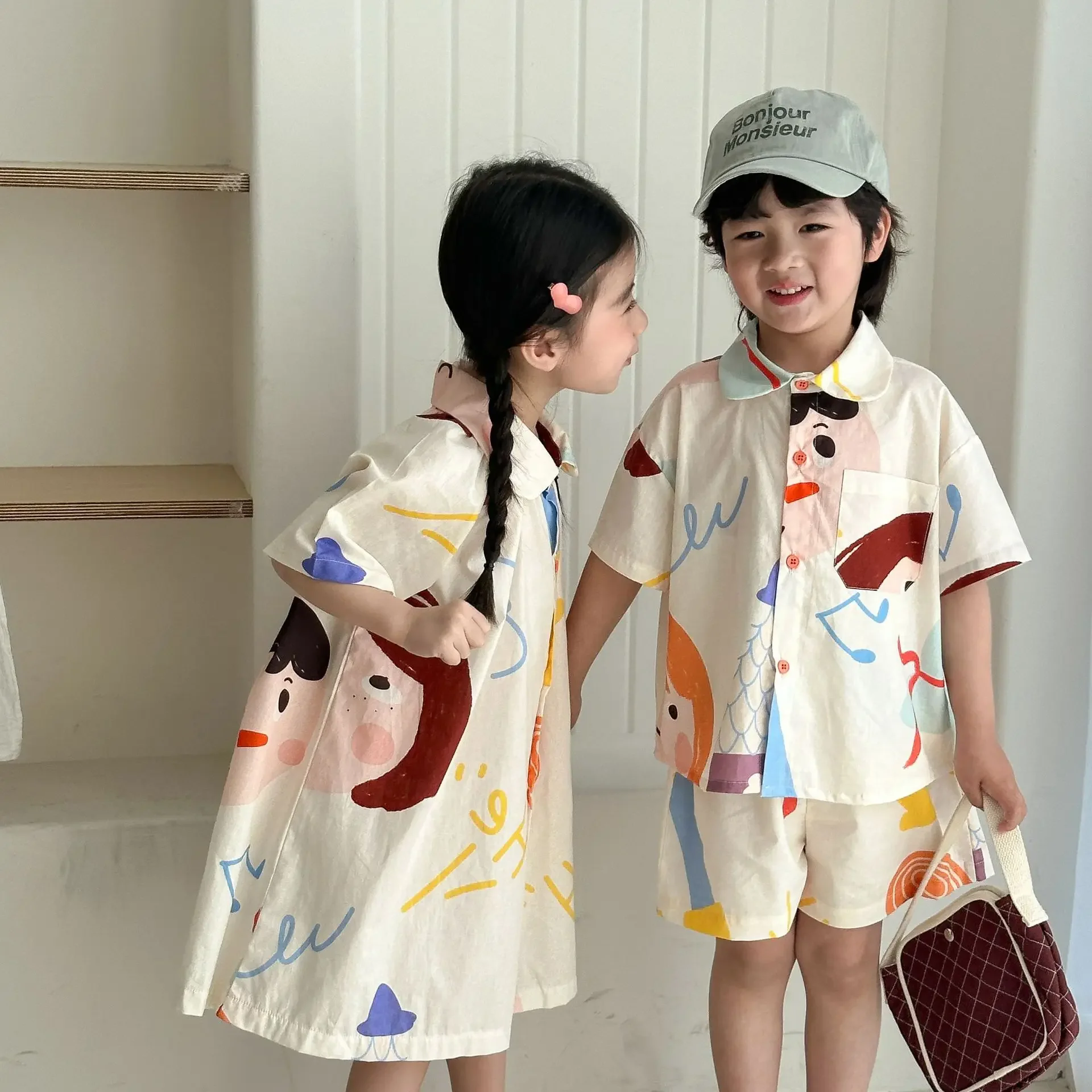 Kids Set Brother And Sister Clothes 2025 Summer New Boy's Two Piece Suit Or Short Sleeve Girl's Graffiti Dress Cartoon Clothes - Image 2