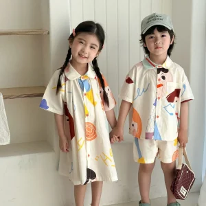 Kids Set Brother And Sister Clothes 2025 Summer New Boy's Two Piece Suit Or Short Sleeve Girl's Graffiti Dress Cartoon Clothes