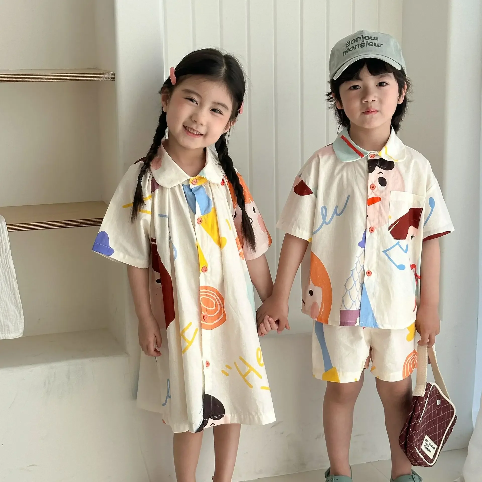 Kids Set Brother And Sister Clothes 2025 Summer New Boy's Two Piece Suit Or Short Sleeve Girl's Graffiti Dress Cartoon Clothes