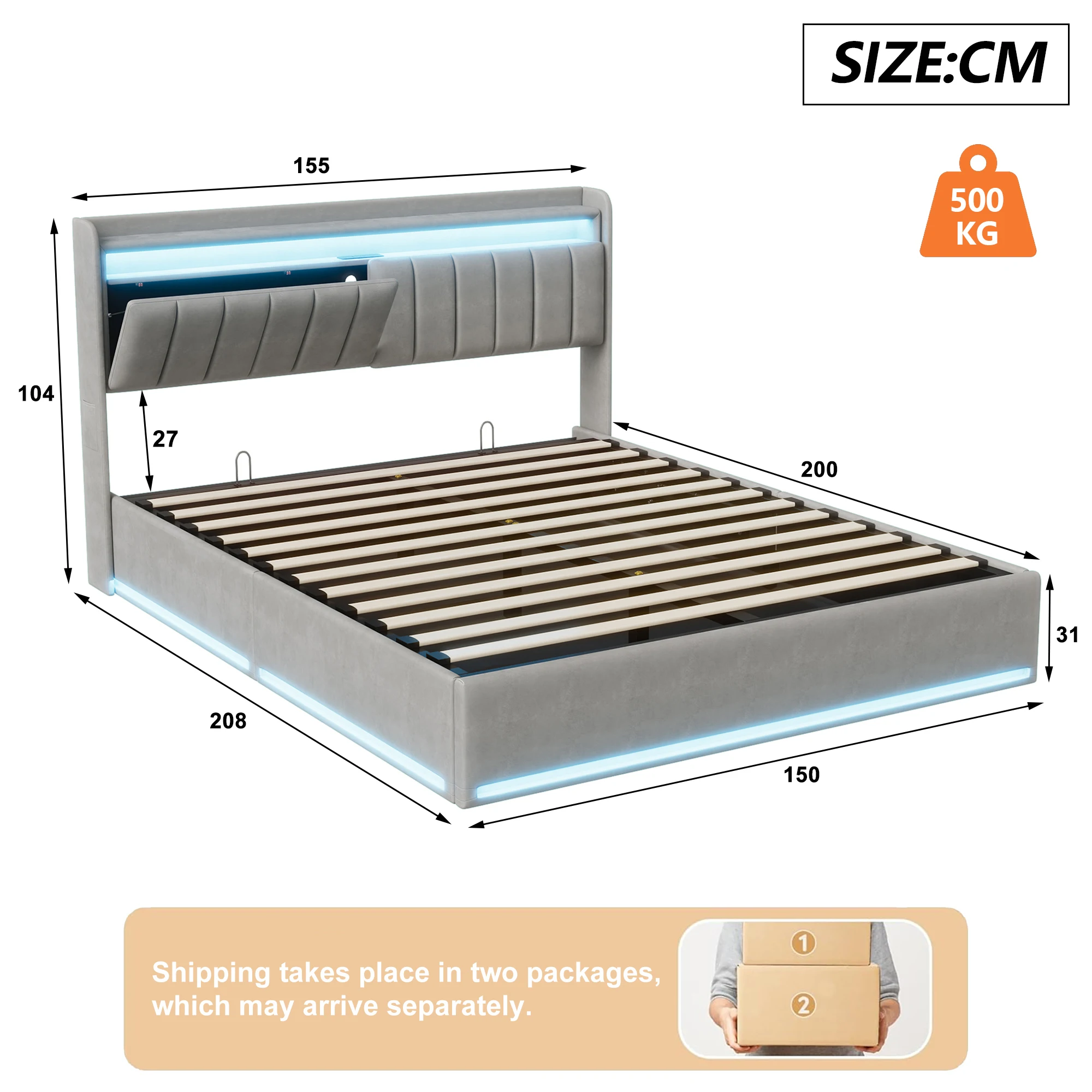 King Size Bed Frame 150x200cm with Hydraulic Storage, Storage Bed with LED and Charging Station, Upholstered Double Bed with Storage Headboard and Wooden Slats, Velvet, No Mattress - Image 2