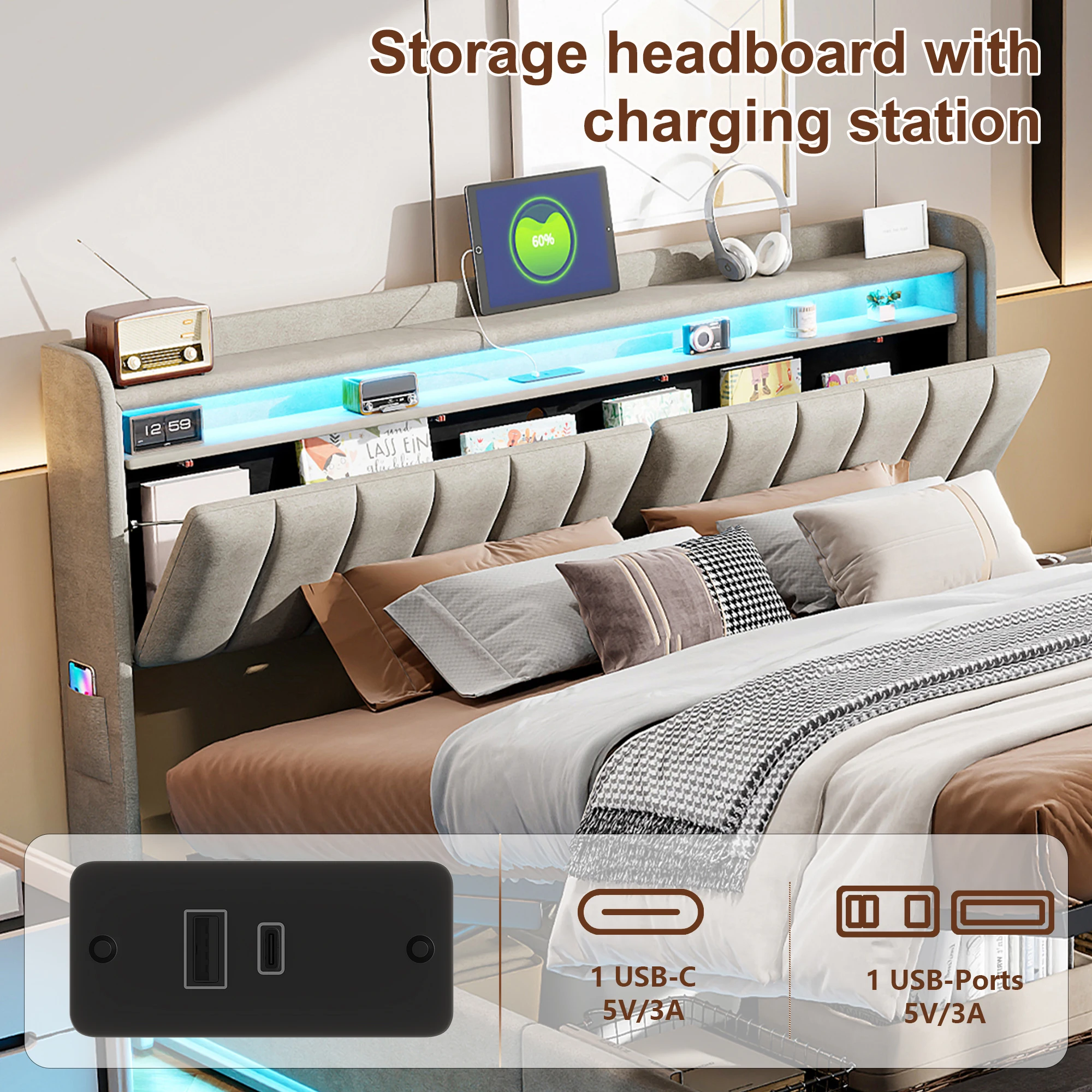King Size Bed Frame 150x200cm with Hydraulic Storage, Storage Bed with LED and Charging Station, Upholstered Double Bed with Storage Headboard and Wooden Slats, Velvet, No Mattress - Image 4