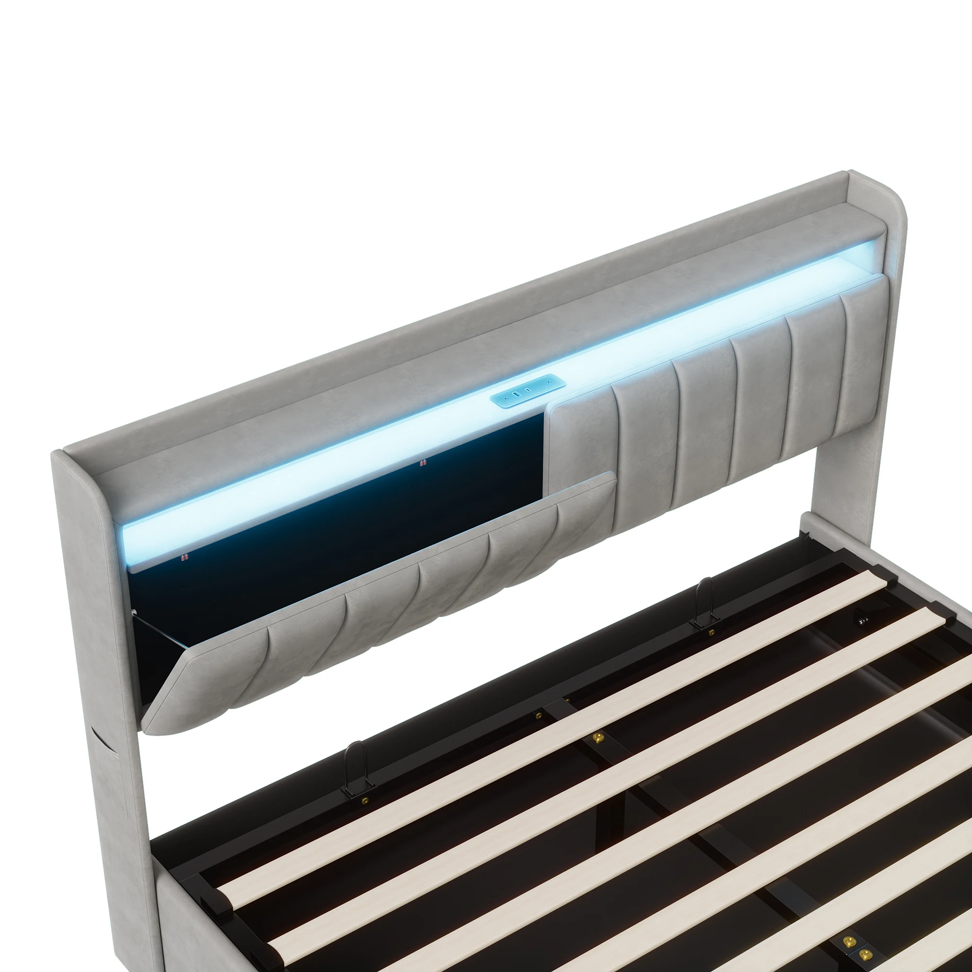 King Size Bed Frame 150x200cm with Hydraulic Storage, Storage Bed with LED and Charging Station, Upholstered Double Bed with Storage Headboard and Wooden Slats, Velvet, No Mattress - Image 6