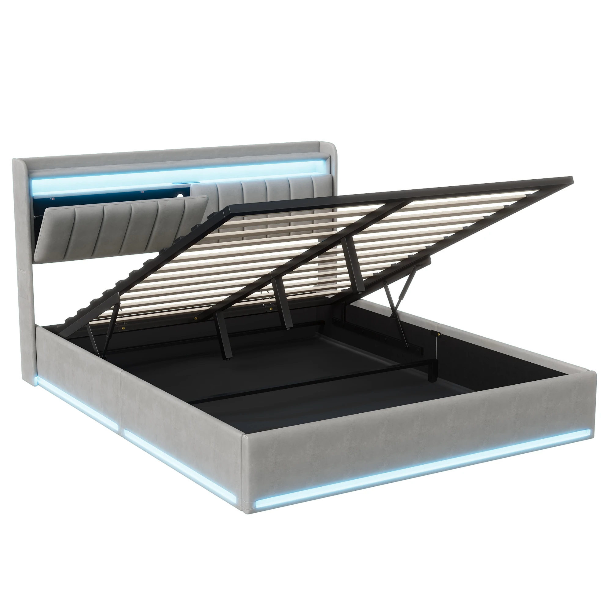 King Size Bed Frame 150x200cm with Hydraulic Storage, Storage Bed with LED and Charging Station, Upholstered Double Bed with Storage Headboard and Wooden Slats, Velvet, No Mattress - Image 8