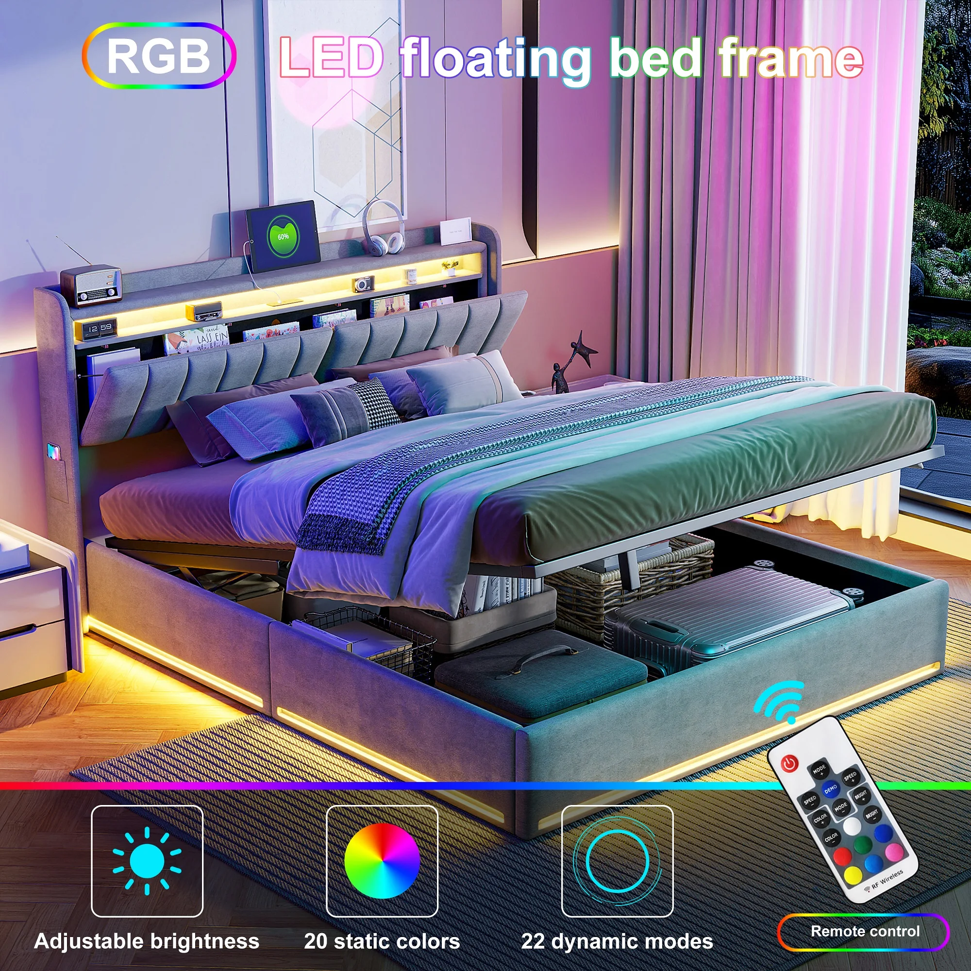 King Size Bed Frame 150x200cm with Hydraulic Storage, Storage Bed with LED and Charging Station, Upholstered Double Bed with Storage Headboard and Wooden Slats, Velvet, No Mattress - Image 3