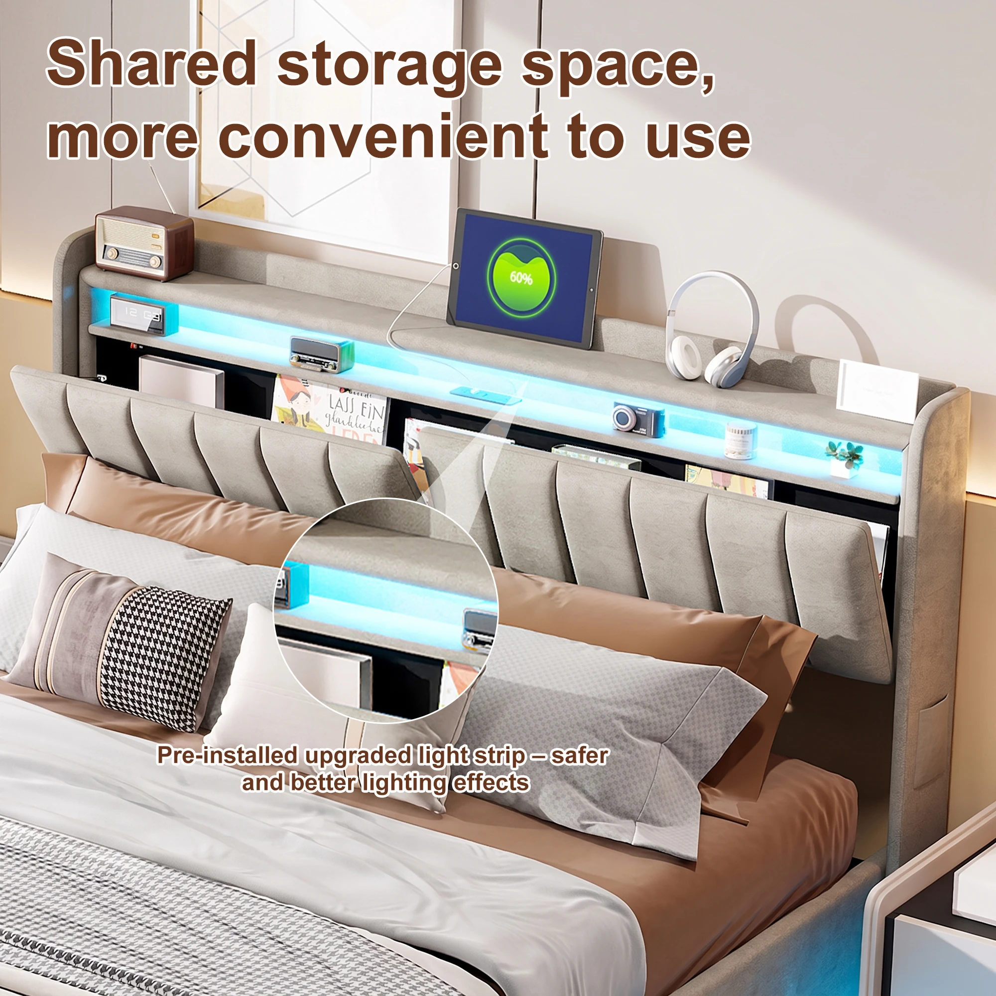 King Size Bed Frame 150x200cm with Hydraulic Storage, Storage Bed with LED and Charging Station, Upholstered Double Bed with Storage Headboard and Wooden Slats, Velvet, No Mattress - Image 5