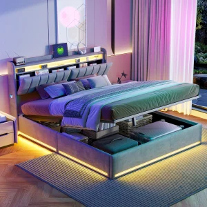 King Size Bed Frame 150x200cm with Hydraulic Storage, Storage Bed with LED and Charging Station, Upholstered Double Bed with Storage Headboard and Wooden Slats, Velvet, No Mattress