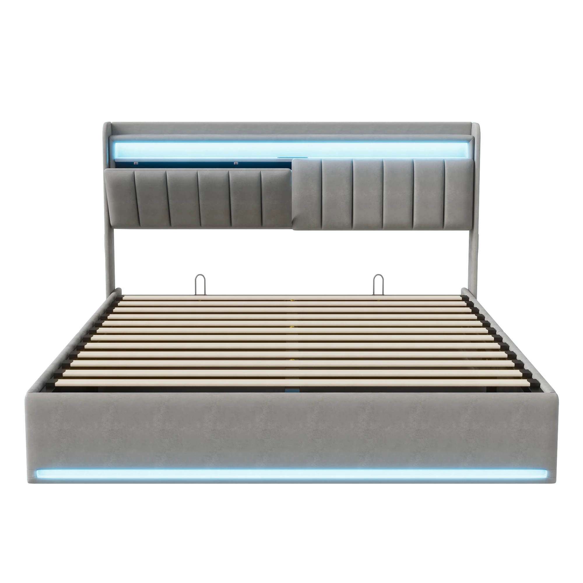 King Size Bed Frame 150x200cm with Hydraulic Storage, Storage Bed with LED and Charging Station, Upholstered Double Bed with Storage Headboard and Wooden Slats, Velvet, No Mattress - Image 7
