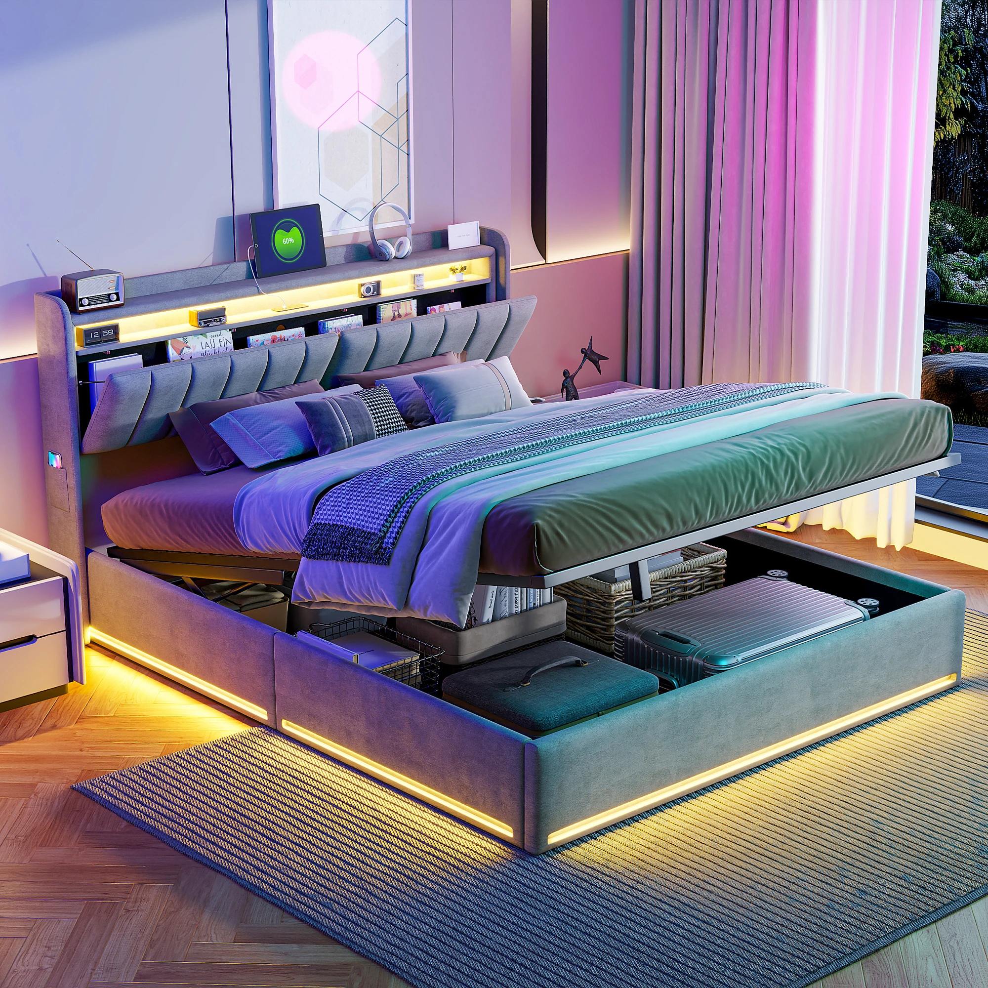 King Size Bed Frame 150x200cm with Hydraulic Storage, Storage Bed with LED and Charging Station, Upholstered Double Bed with Storage Headboard and Wooden Slats, Velvet, No Mattress