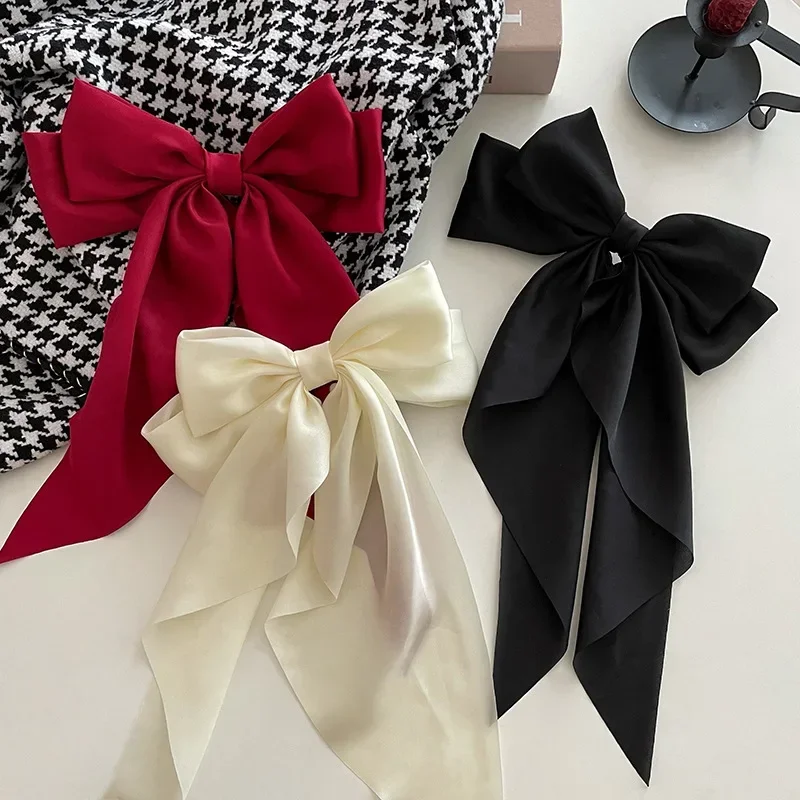 Korean Accessories Hair Clips for Women Girls Big Bowknot Solid Satin Long Ribbon Bows Spring Clamp Barette Cheveux Femme 2023 - Image 5