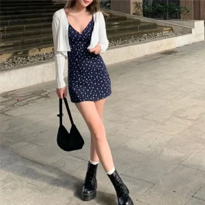 Korean V-neck Halter Floral Skirt a-line Skirt Floral Print Vintage Floral Mini Dress Retro Vintage Floral Halter Skirt