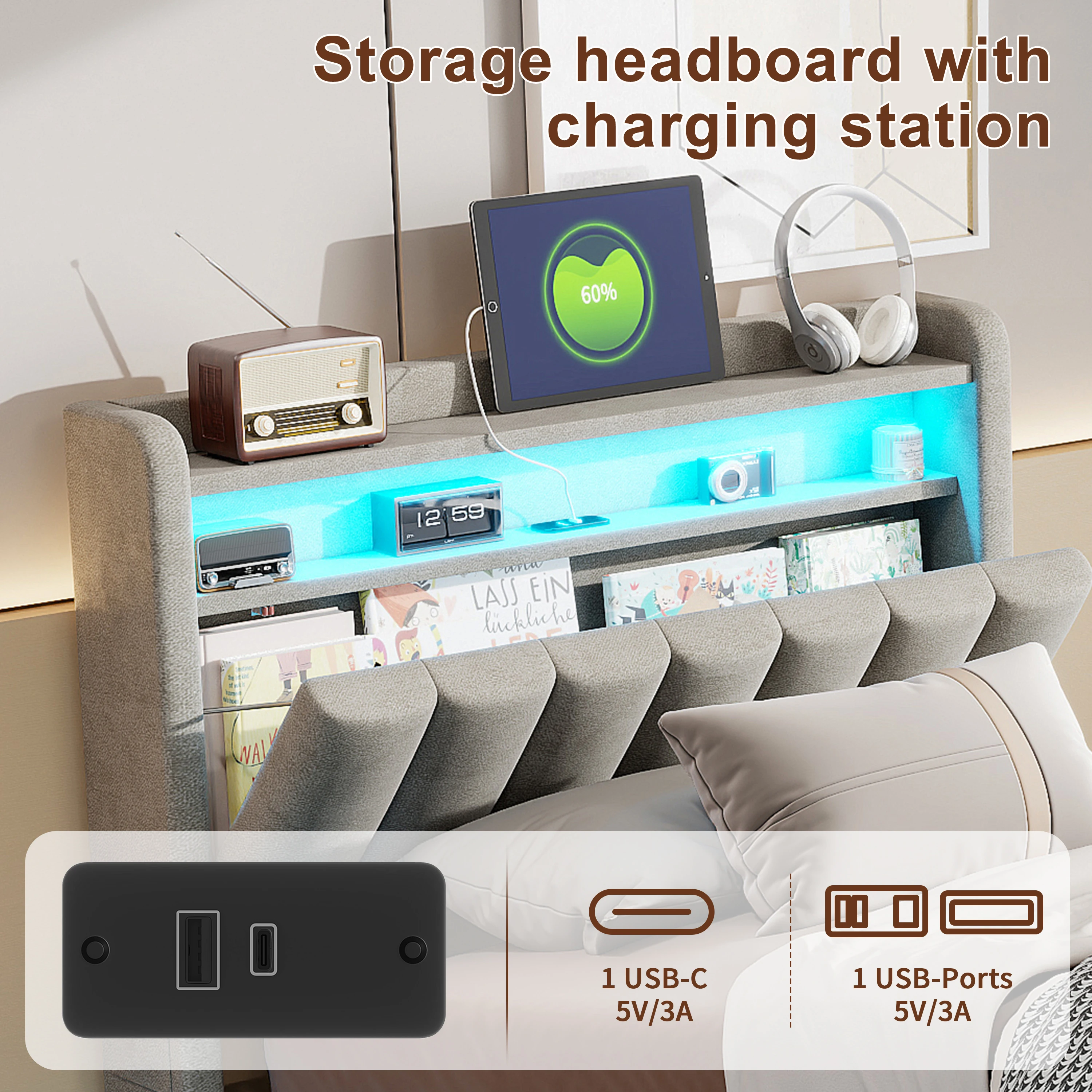 LED Bed Frame 90x190cm, Ottoman Bed Frame with Hydraulic Storage, Storage Bed with Charging Station, Single Bed Frame with Headboard and Wooden Slats, Velvet, No Mattress - Image 2