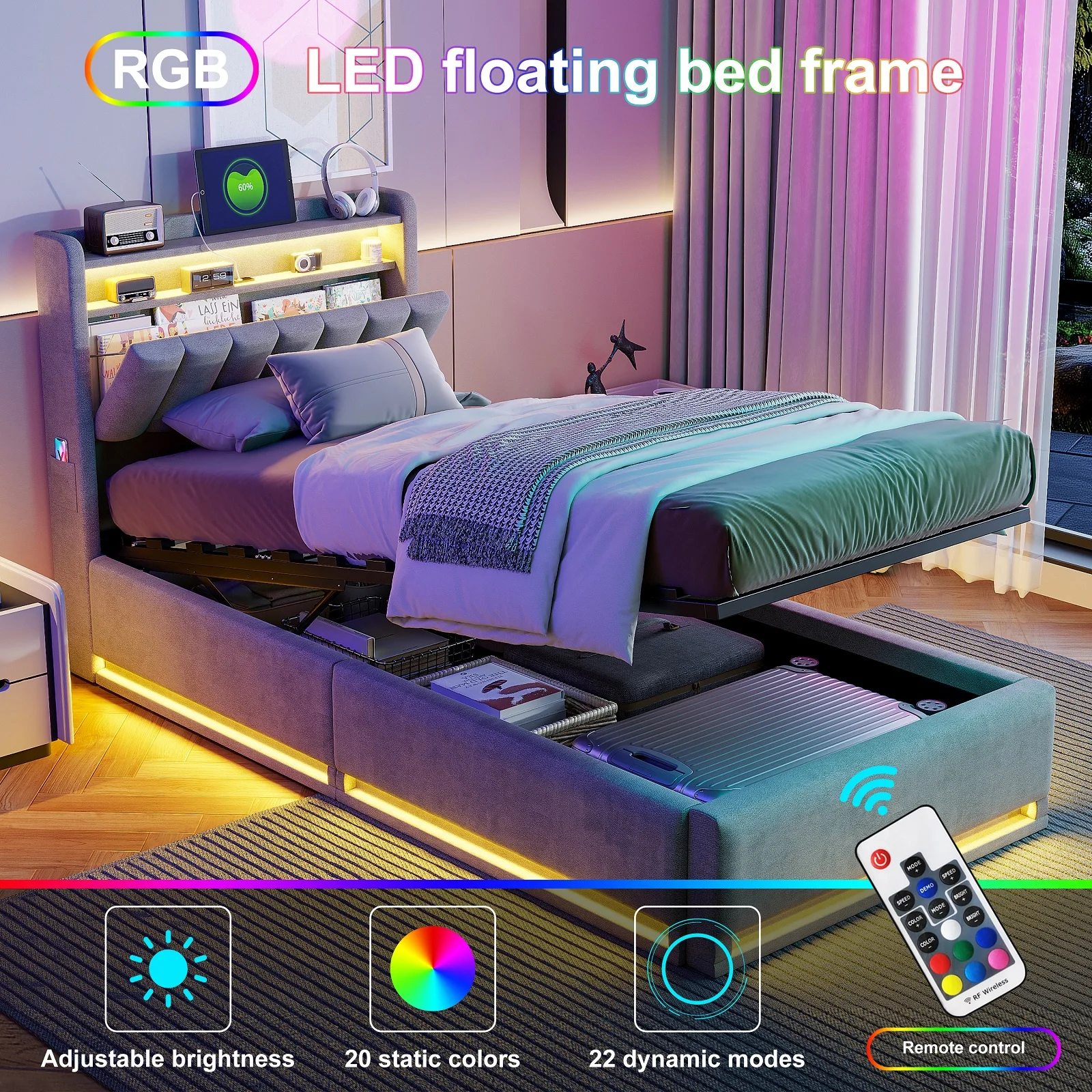 LED Bed Frame 90x190cm, Ottoman Bed Frame with Hydraulic Storage, Storage Bed with Charging Station, Single Bed Frame with Headboard and Wooden Slats, Velvet, No Mattress - Image 4