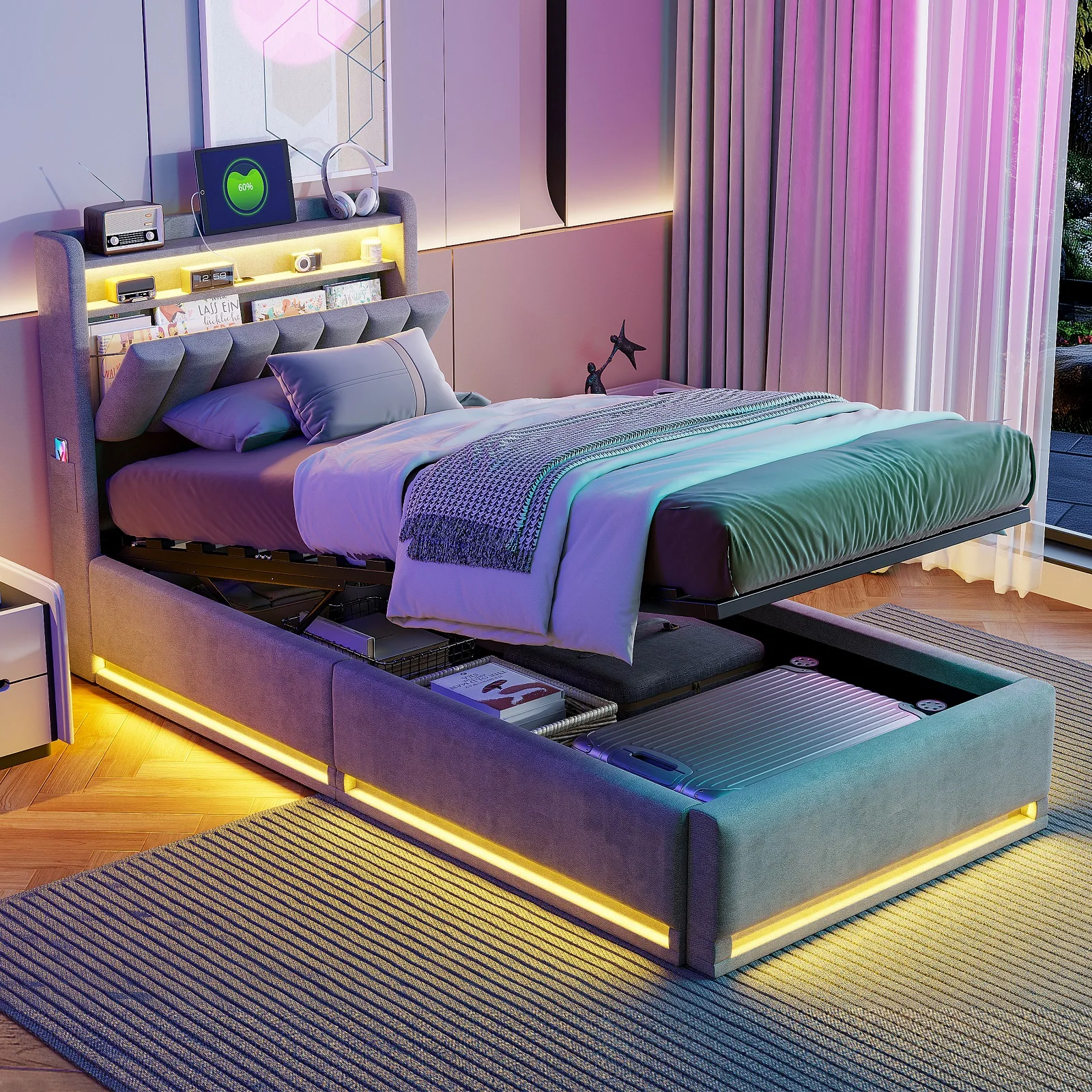 LED Bed Frame 90x190cm, Ottoman Bed Frame with Hydraulic Storage, Storage Bed with Charging Station, Single Bed Frame with Headboard and Wooden Slats, Velvet, No Mattress - Image 8