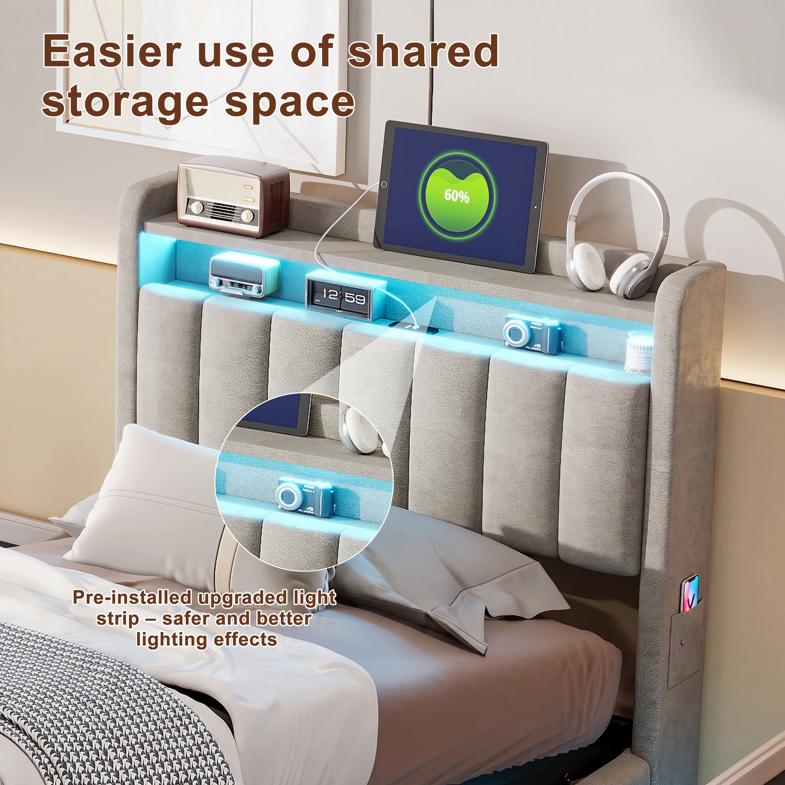 LED Bed Frame 90x190cm, Ottoman Bed Frame with Hydraulic Storage, Storage Bed with Charging Station, Single Bed Frame with Headboard and Wooden Slats, Velvet, No Mattress - Image 3