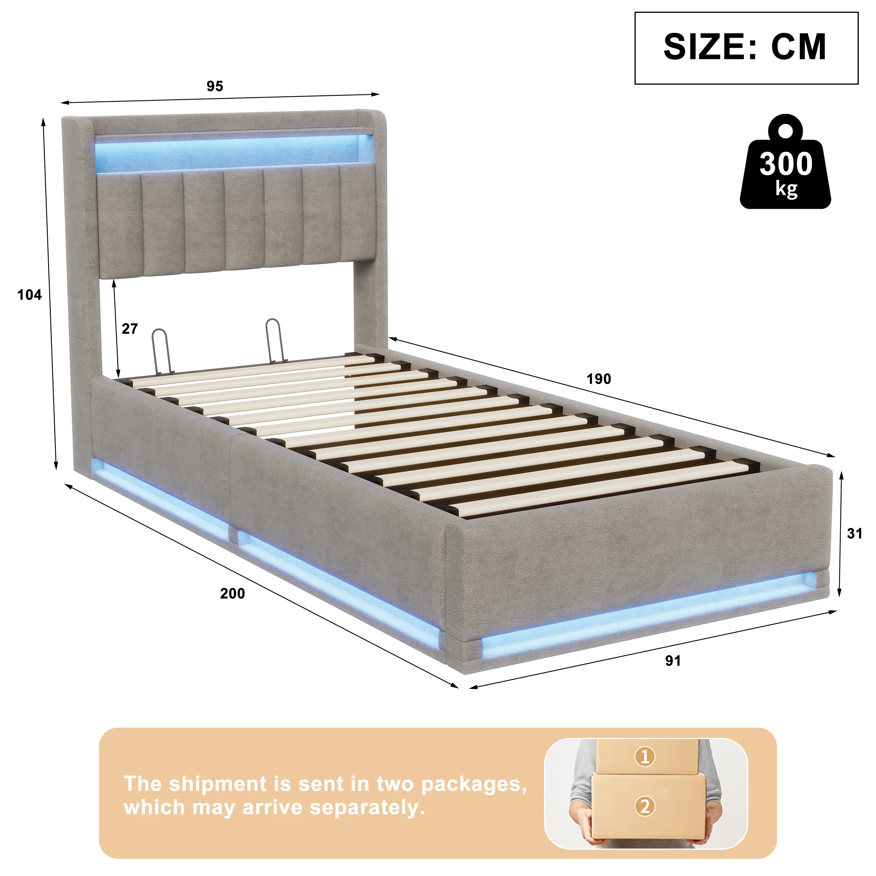 LED Bed Frame 90x190cm, Ottoman Bed Frame with Hydraulic Storage, Storage Bed with Charging Station, Single Bed Frame with Headboard and Wooden Slats, Velvet, No Mattress - Image 5