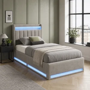 LED Bed Frame 90x190cm, Ottoman Bed Frame with Hydraulic Storage, Storage Bed with Charging Station, Single Bed Frame with Headboard and Wooden Slats, Velvet, No Mattress