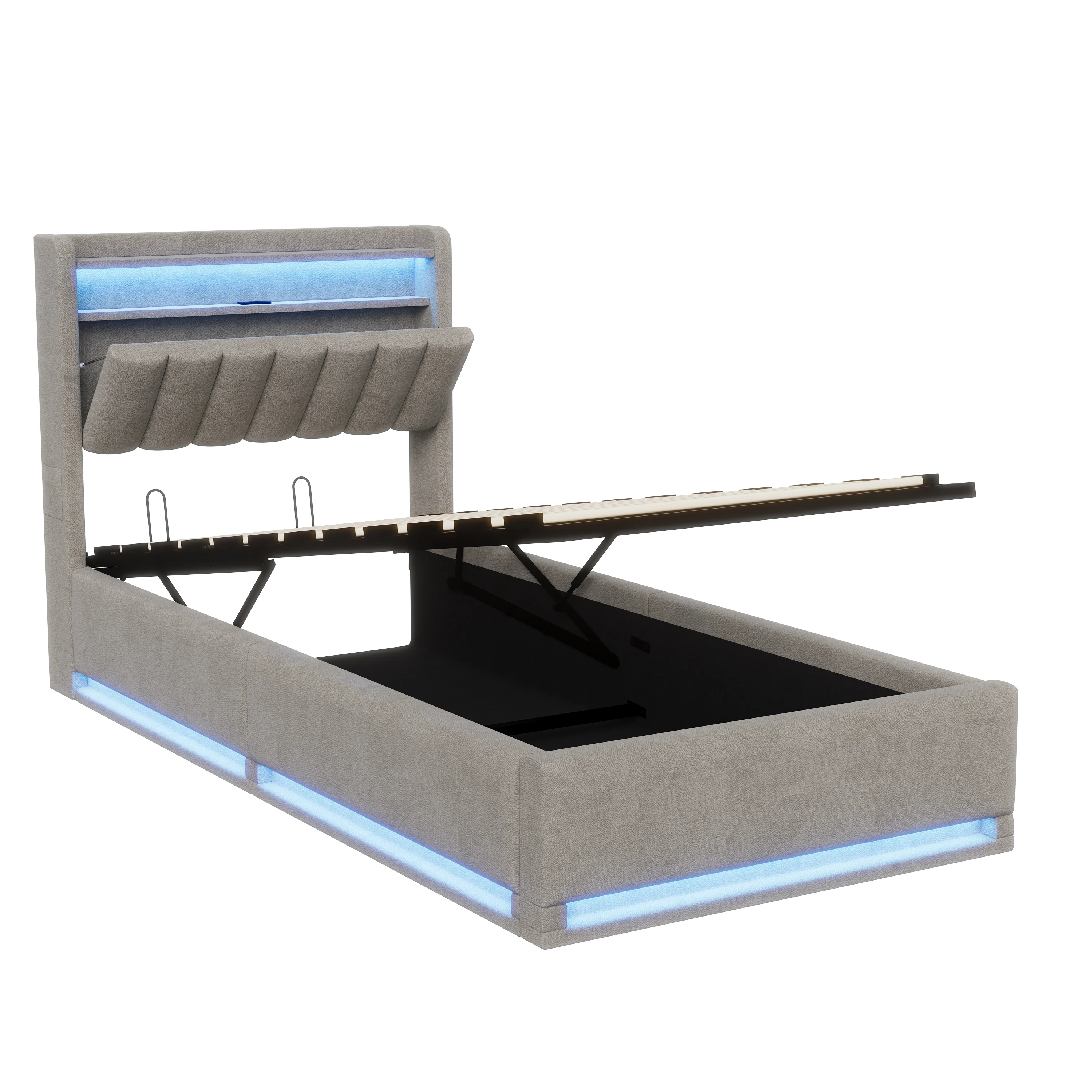 LED Bed Frame 90x190cm, Ottoman Bed Frame with Hydraulic Storage, Storage Bed with Charging Station, Single Bed Frame with Headboard and Wooden Slats, Velvet, No Mattress - Image 7