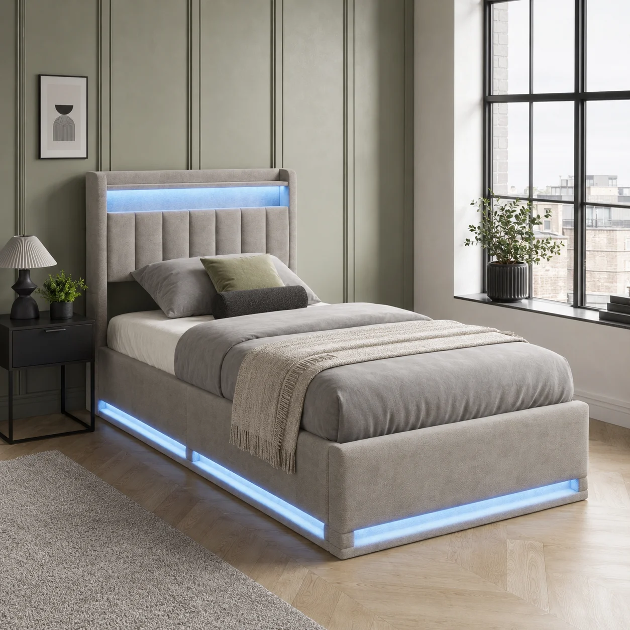 LED Bed Frame 90x190cm, Ottoman Bed Frame with Hydraulic Storage, Storage Bed with Charging Station, Single Bed Frame with Headboard and Wooden Slats, Velvet, No Mattress