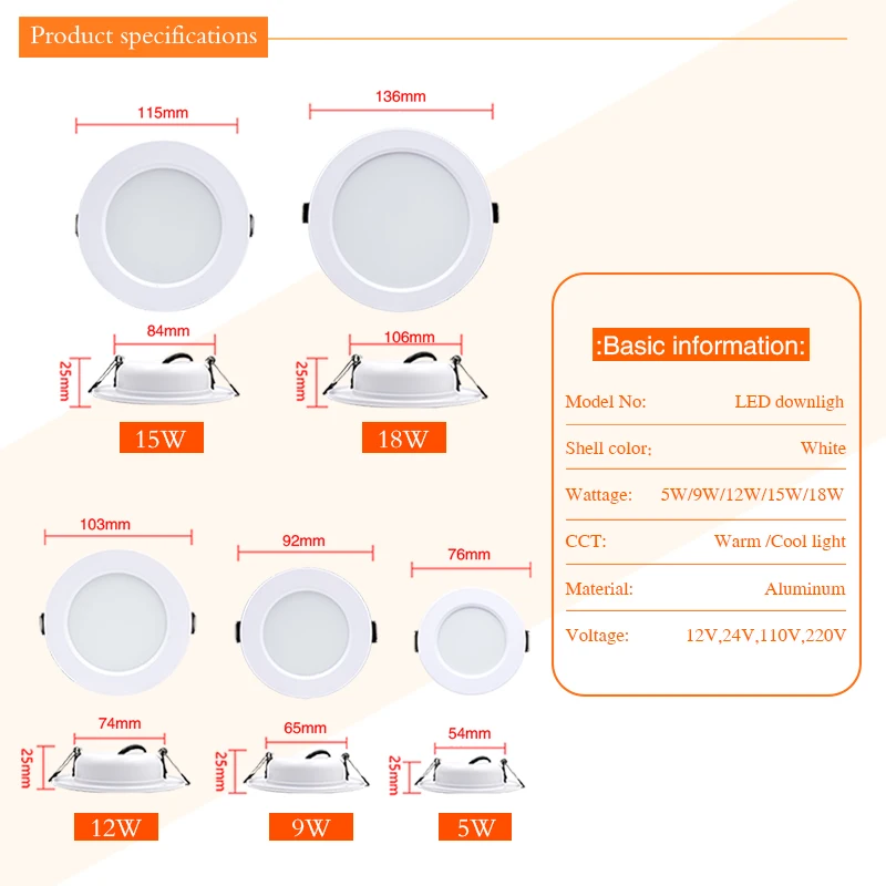 LED Downlight AC110V 220V 5W 9W 12W 15W 18W Led Spot Light DC12V 24V Waterproof LED Decoration Ceiling Lamp Indoor Panel Light - Image 2
