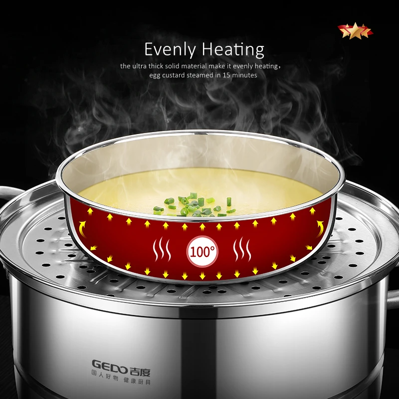 LFGB Certification 304 Stainless Steel Kitchen Egg Custard Steamer Ultra Thick Food Steaming Basin with Handle and Air Vent - Image 2