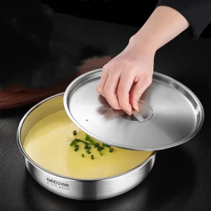 LFGB Certification 304 Stainless Steel Kitchen Egg Custard Steamer Ultra Thick Food Steaming Basin with Handle and Air Vent