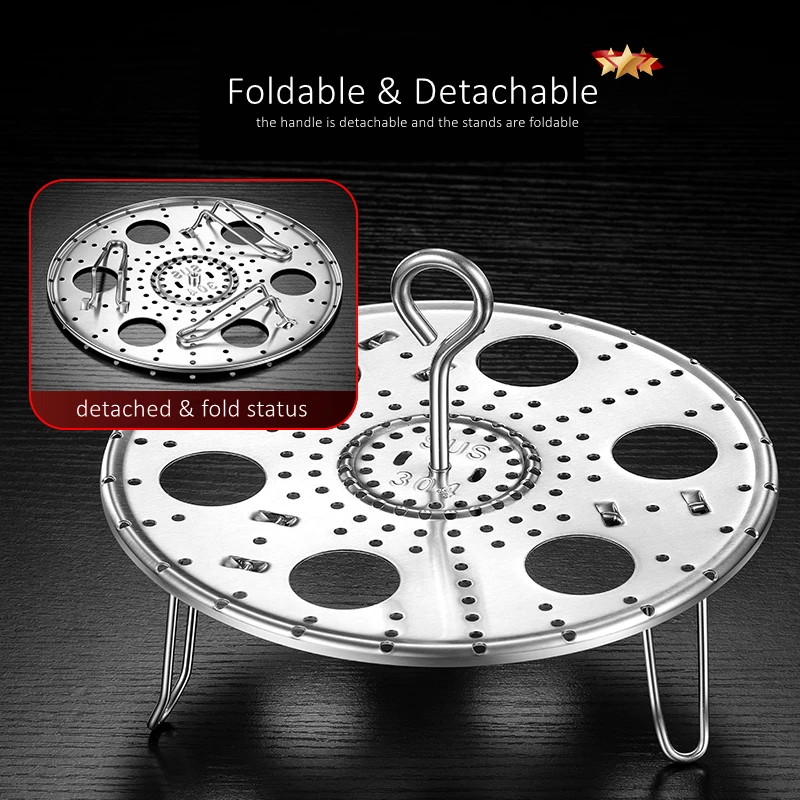 LFGB Certified Pure 304 Stainless Steel Kitchen Egg Steamer Original Designed Large Holes Steaming Rack with Foldable Stands - Image 5